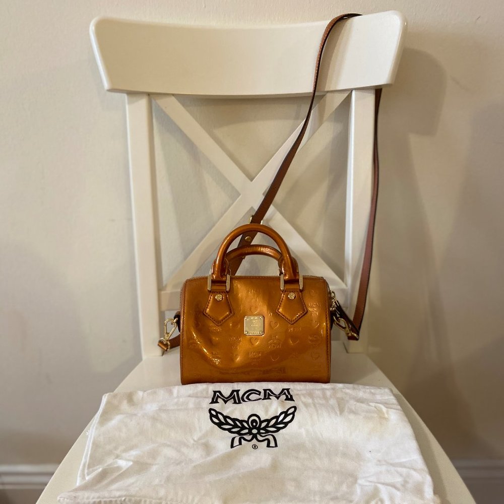 MCM Bronze Patent Leather Boston Bag